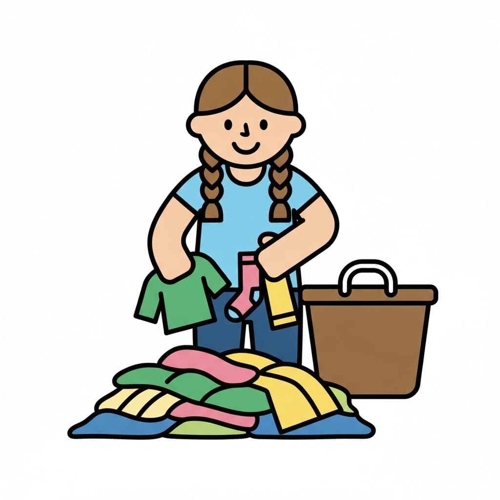 A child picks up clothes from the floor and puts them in a basket.