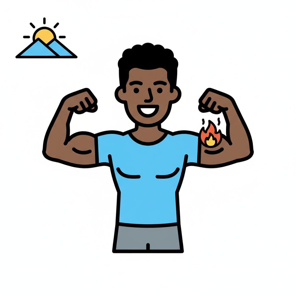 A happy child flexes their muscles with a sunrise and a small flame nearby.