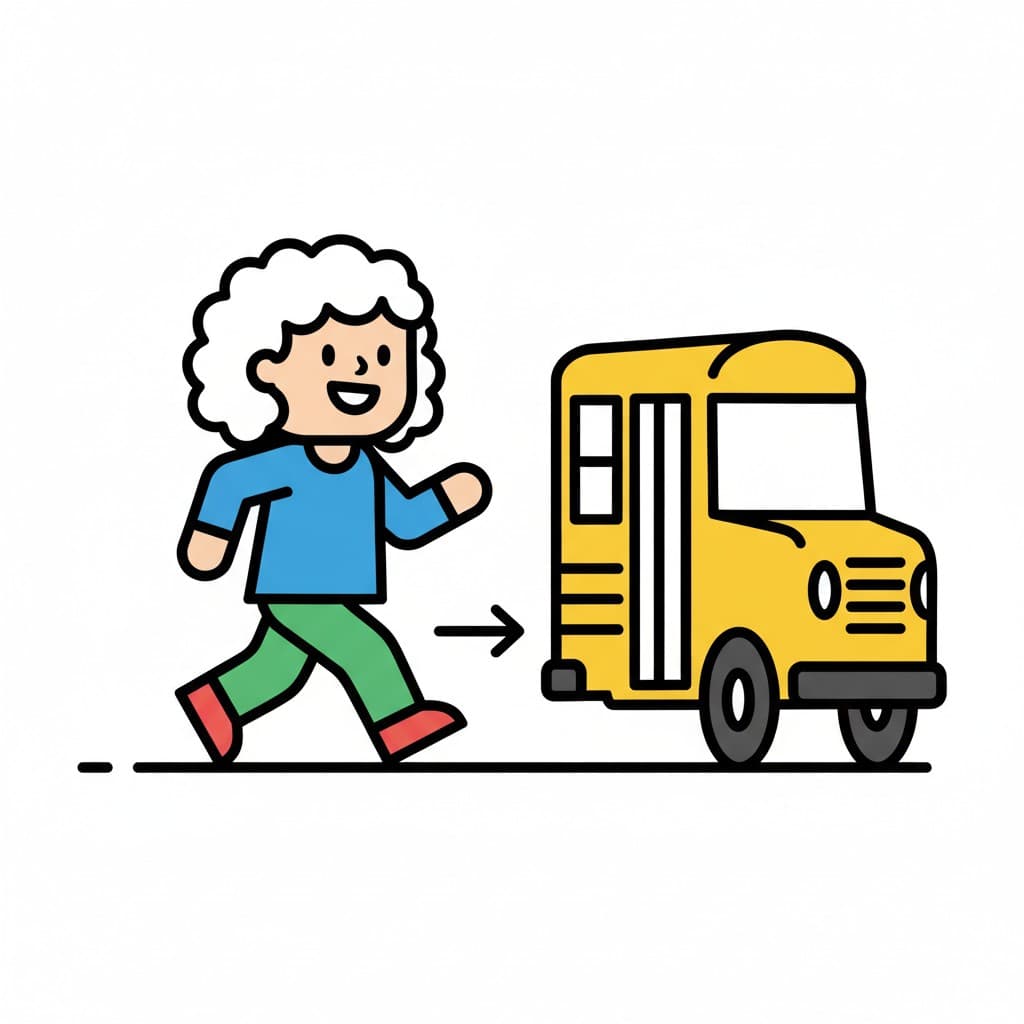 A smiling child-like person runs towards a yellow bus with a black arrow pointing to the bus.
