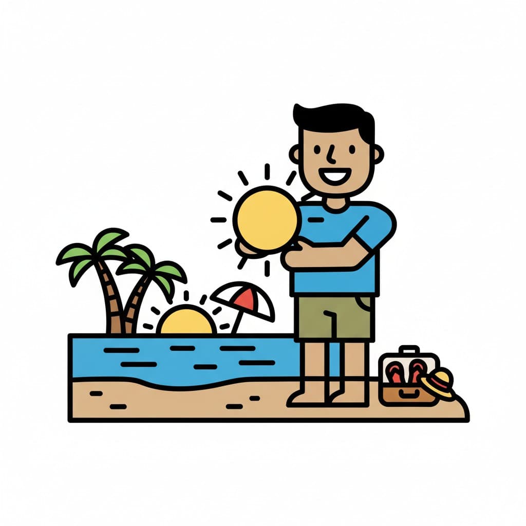 A happy child holds a sun on a beach with palm trees, water and a parasol.