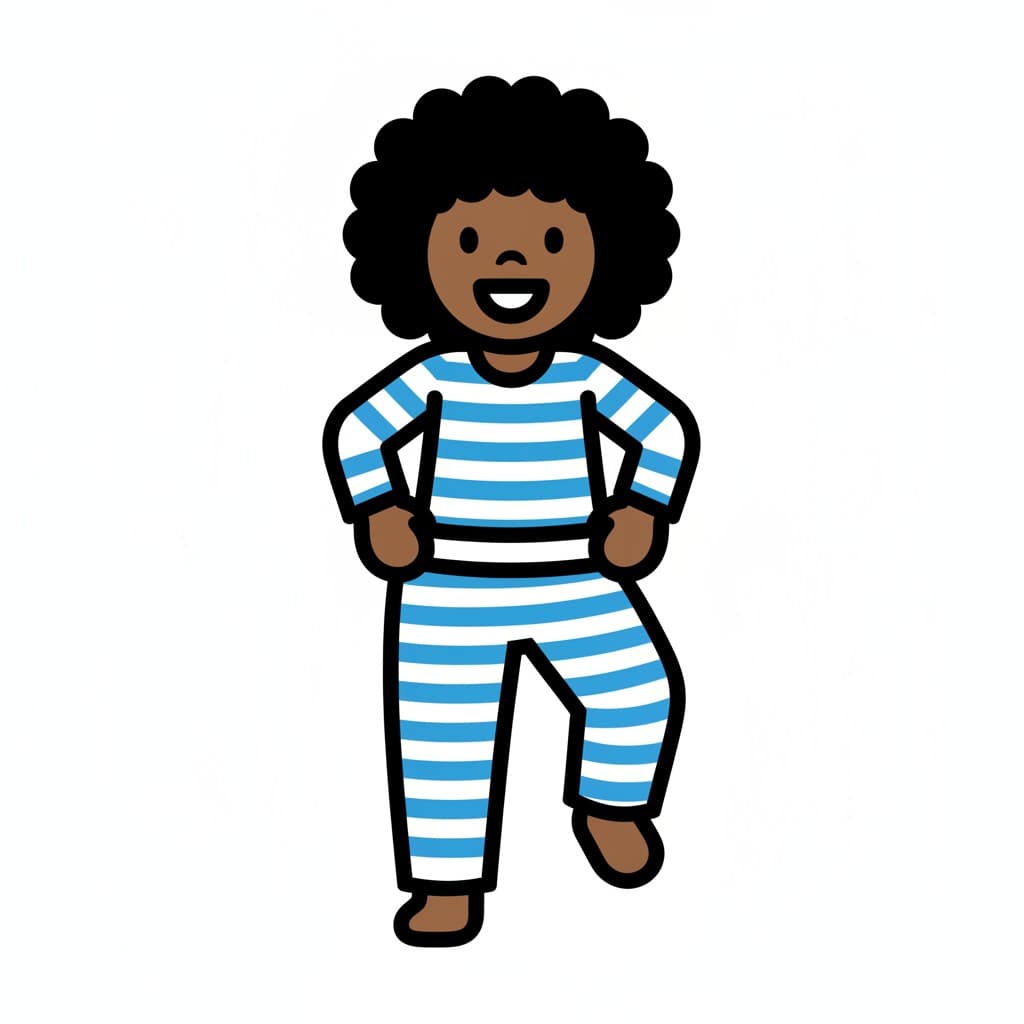 En glad person i en blåvitrandig pyjamas.