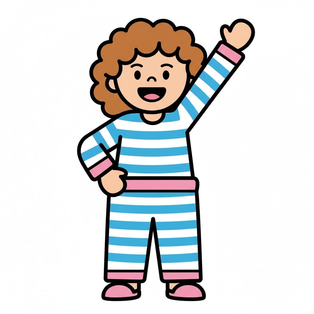 Ett barn i blå- och vitrandig pyjamas och rosa tofflor, står och vinkar.