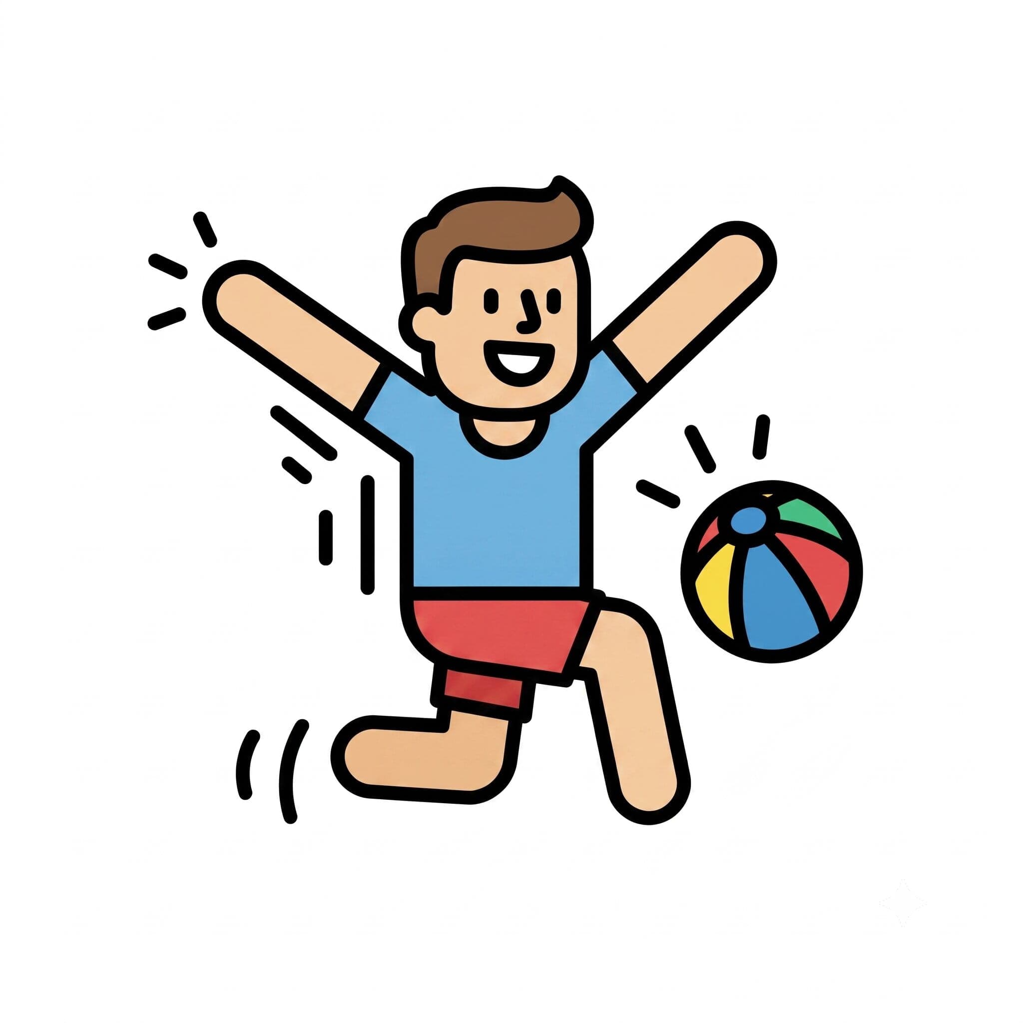 A child jumps happily next to a colorful ball.