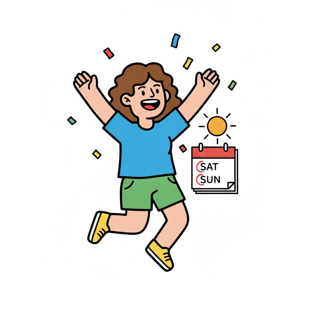 A child jumps happily amid confetti beside a weekend calendar.