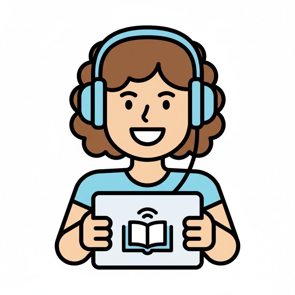 Ein lächelndes Kind mit Kopfhörern hält ein Tablet, das ein Buch und ein Tonsymbol zeigt.