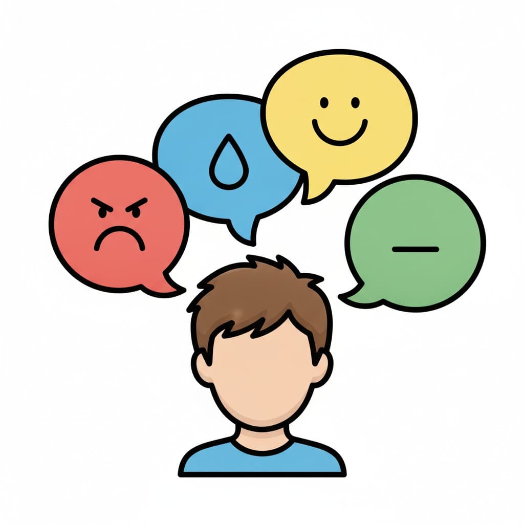 A child with a thought bubble of mood faces and an arrow pointing to it.