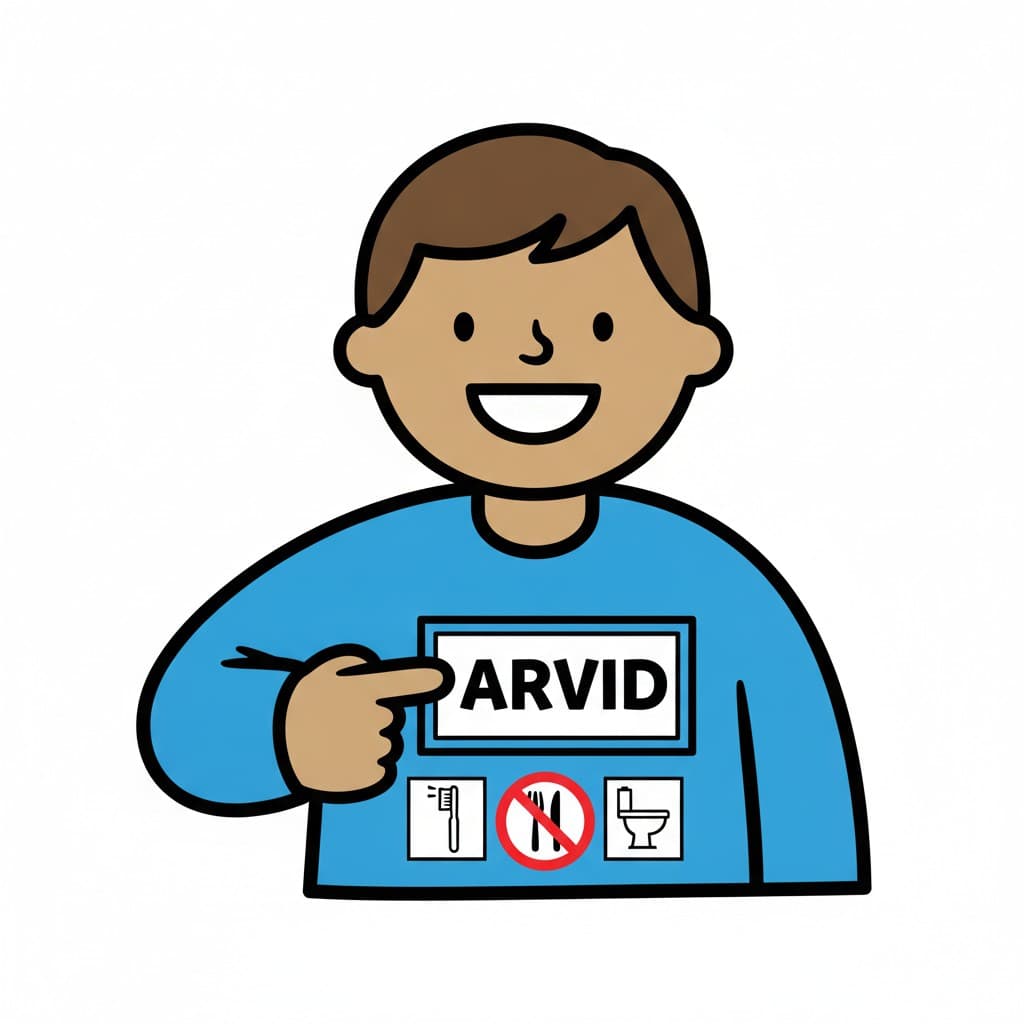 A child points to a name tag on their shirt.