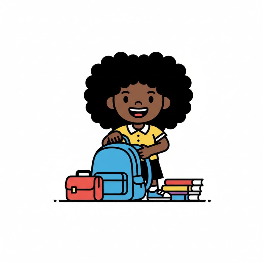 A smiling child packs their blue school backpack, with a red lunch bag and books next to it.
