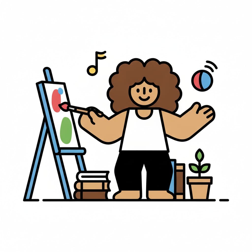 A child paints at an easel with a music note and ball nearby.