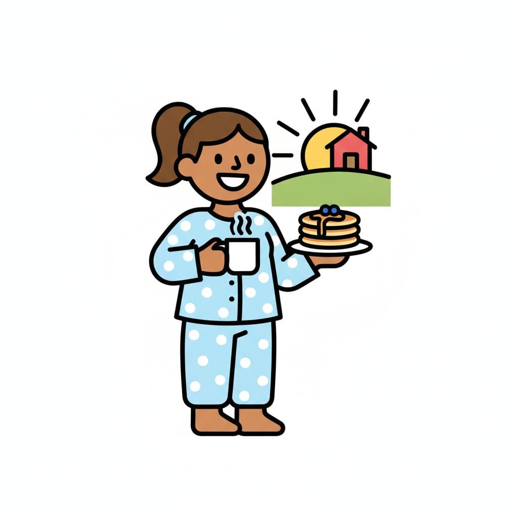 Ett barn i pyjamas håller en mugg och en tallrik pannkakor vid soluppgången.