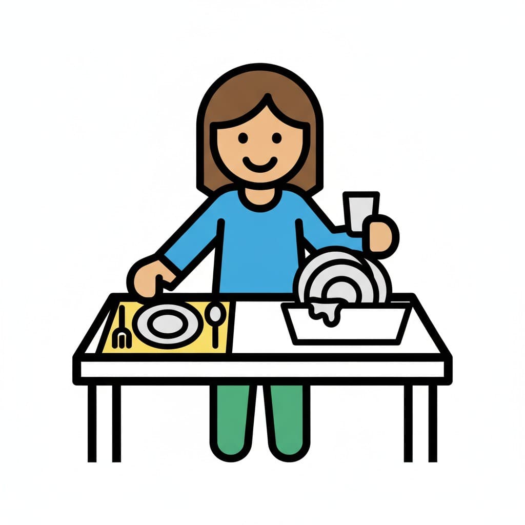 A child sets a table with a plate and cutlery.