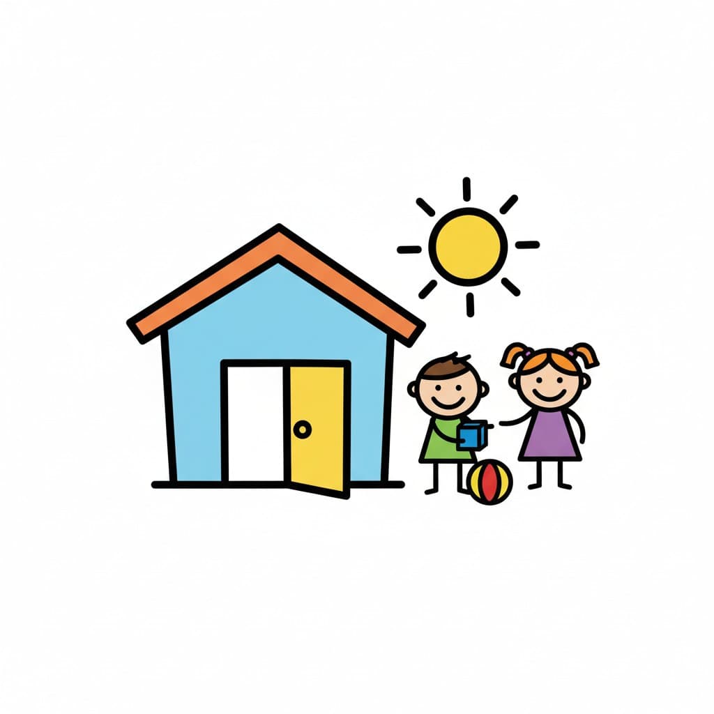 Illustration of a boy and a girl playing outside a house with a sun in the sky, representing daycare.