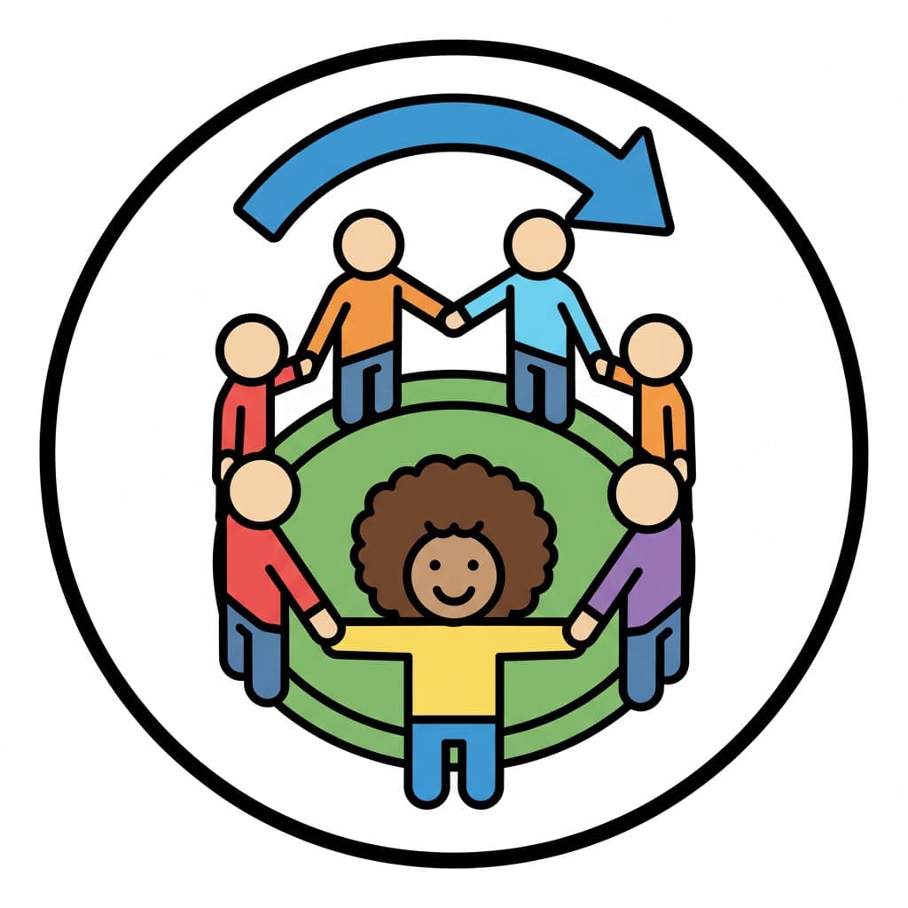 A group of people standing in a circle holding hands, with one person in the center. A blue arrow circles above them, indicating a repetitive activity.