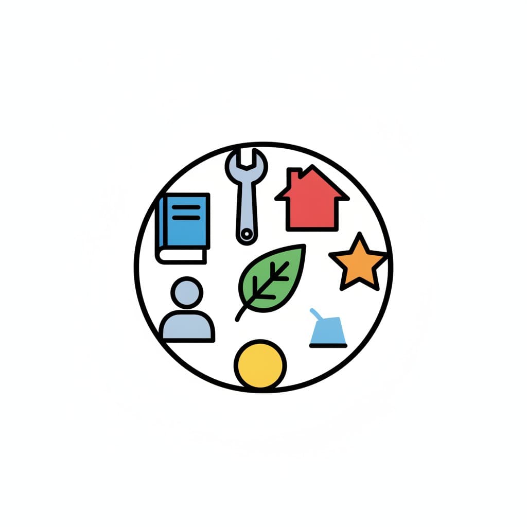A circle of assorted icons: a book, a wrench, a house, a star and a leaf.