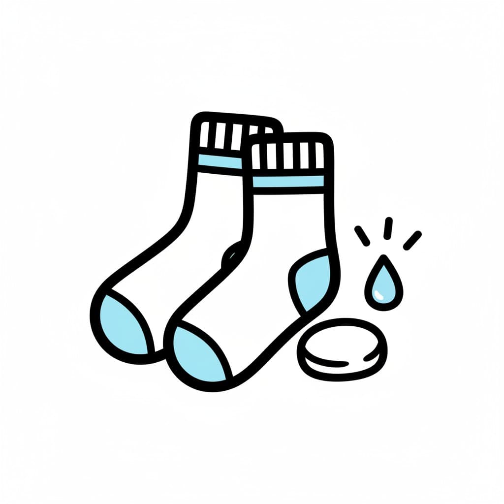 Illustration of two clean socks, a bar of soap, and a water droplet.