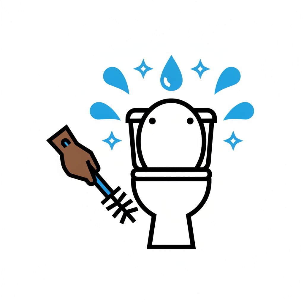 A hand holds a toilet brush next to a clean toilet. Blue water droplets and sparkles symbolize cleanliness.