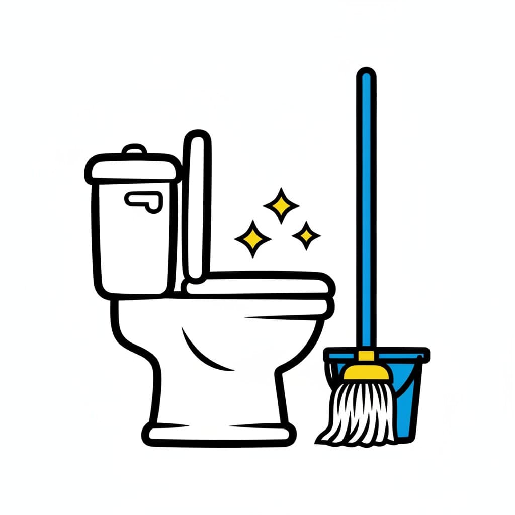 Et hvidt toilet skinner med gule stjerner ved siden af en moppe, der står i en blå spand.