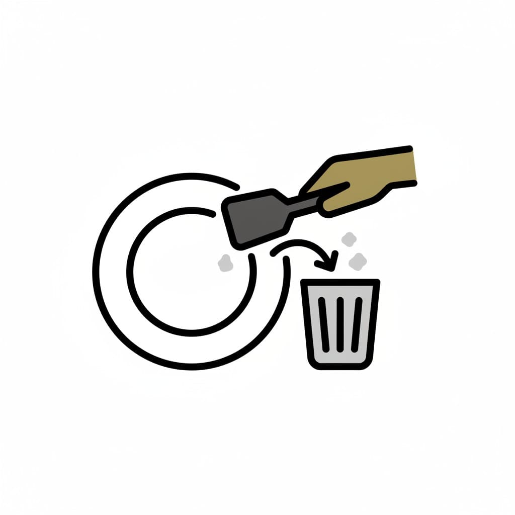 An icon of a hand scraping food scraps from a plate into a trash can.