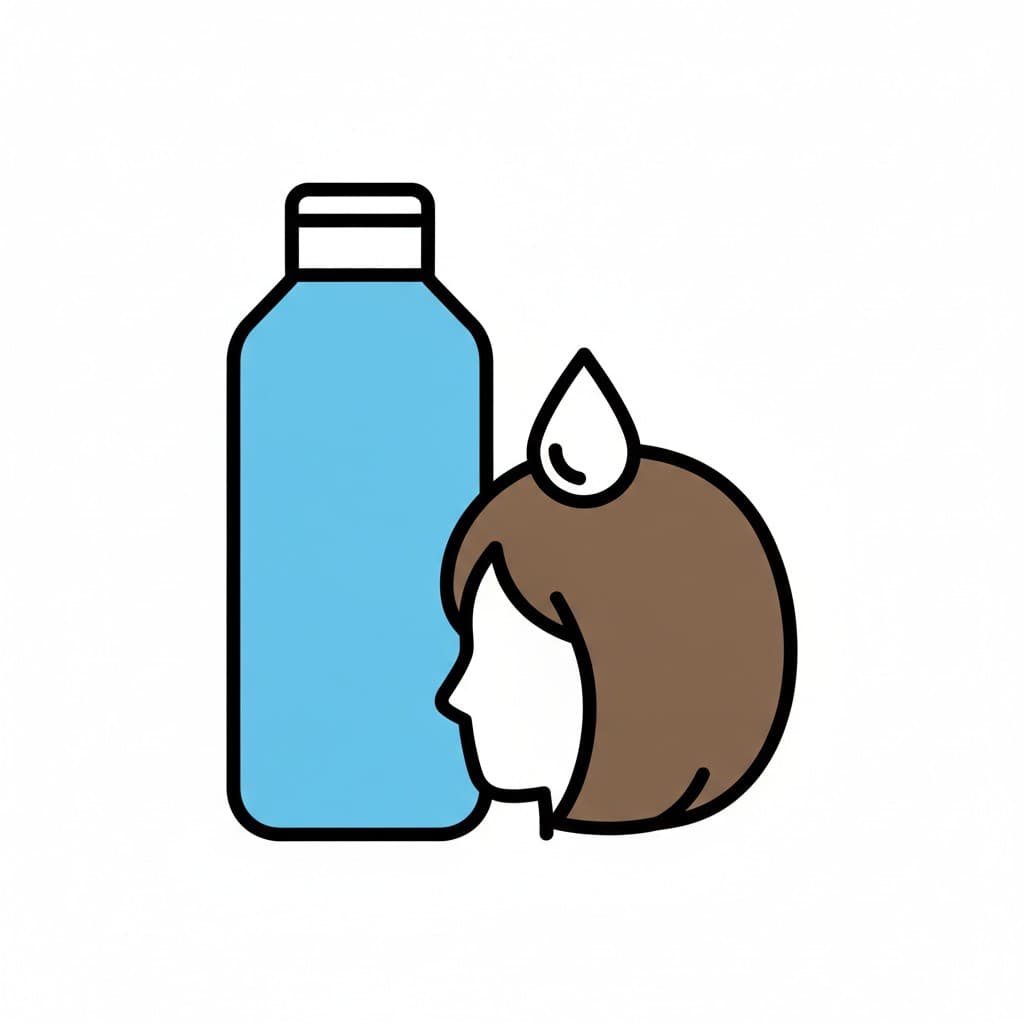 A blue bottle of conditioner stands next to a head of long brown hair with a single drop above it.