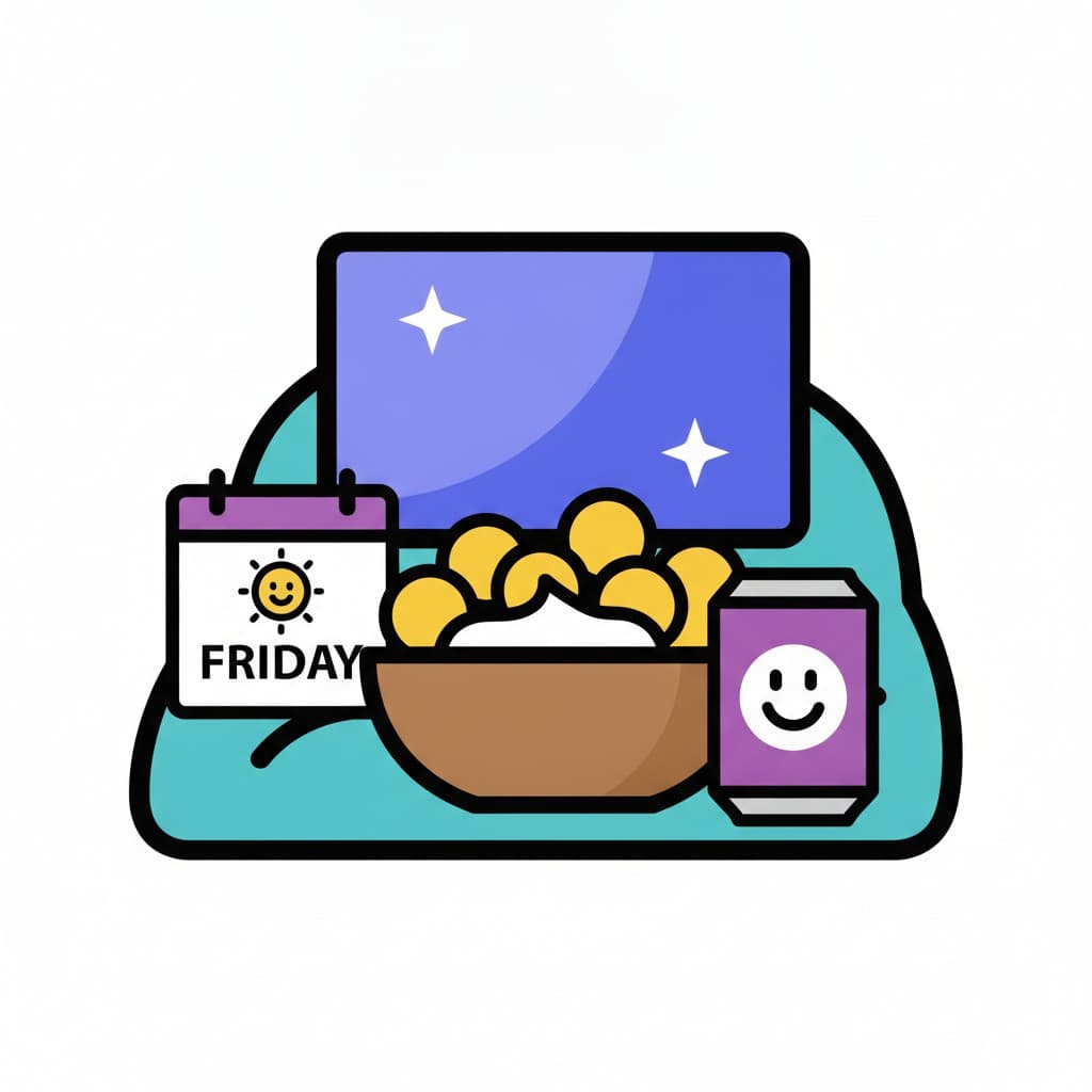 En sofa foran et tv med en skål popcorn, en sodavandsdåse og en kalender, der viser fredag.