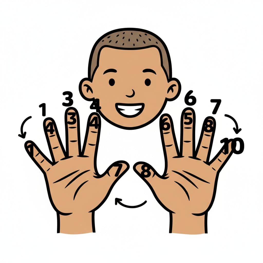 Illustration af en person, der tæller til 10 med fingrene. Tallene 1 til 10 vises på fingrene.