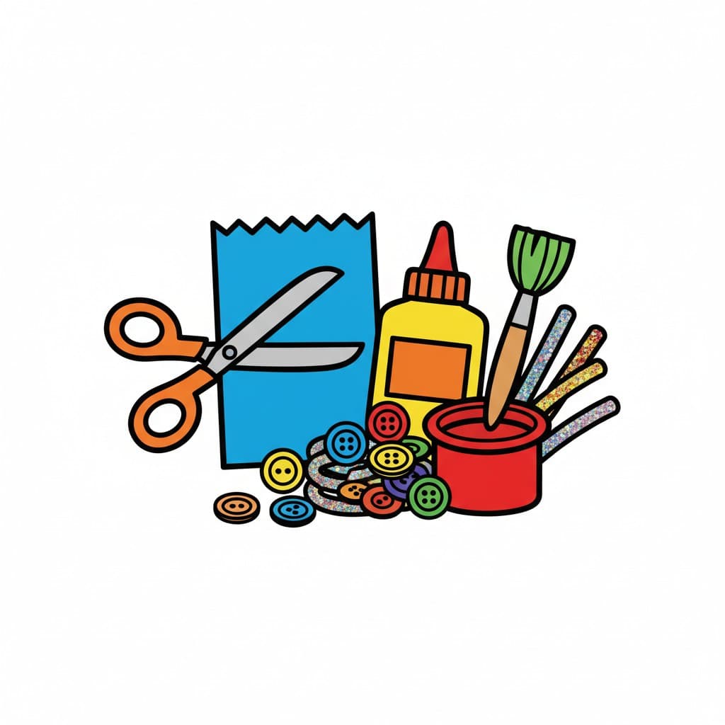 Sax, blått papper, limflaska, pensel, färgburk och färgglada knappar.