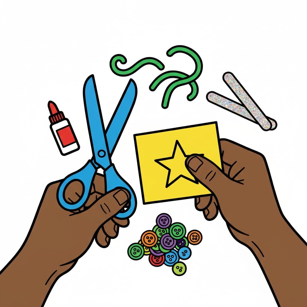 Två händer håller pysselmaterial, inklusive en blå sax och en gul papperslapp med en stjärna. Andra material som lim, gröna piprensare, glitterpinnar och färgglada knappar syns runt händerna.