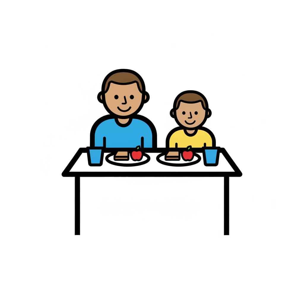 A parent and a child sit at a table with food and drinks.