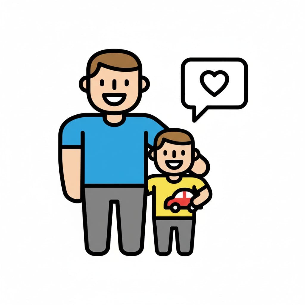 Illustration av en man som står bredvid ett barn med armen runt barnets axel, och ett hjärta i en pratbubbla ovanför dem.