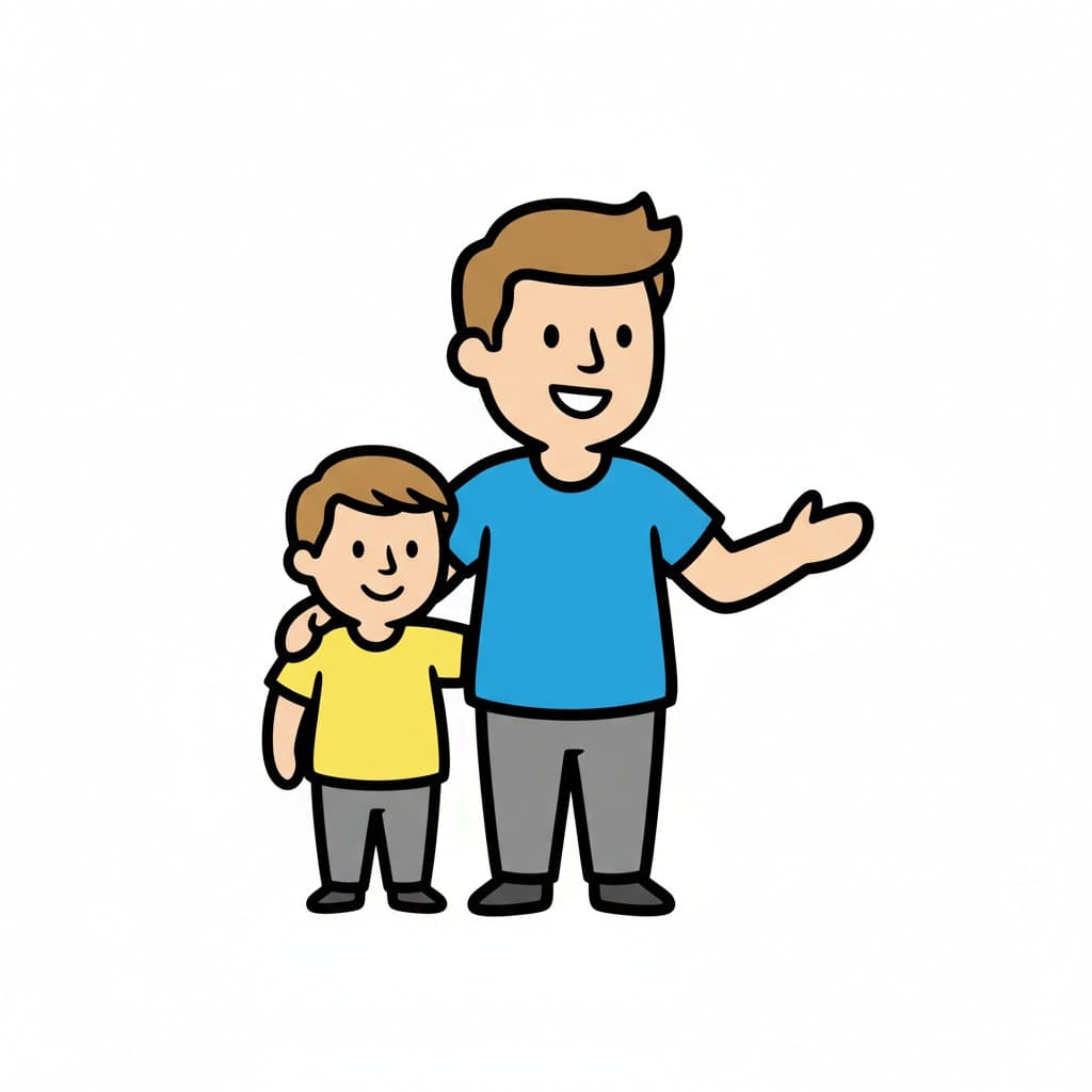 An illustration of a dad and son standing together. The dad has his arm around the son's shoulder.