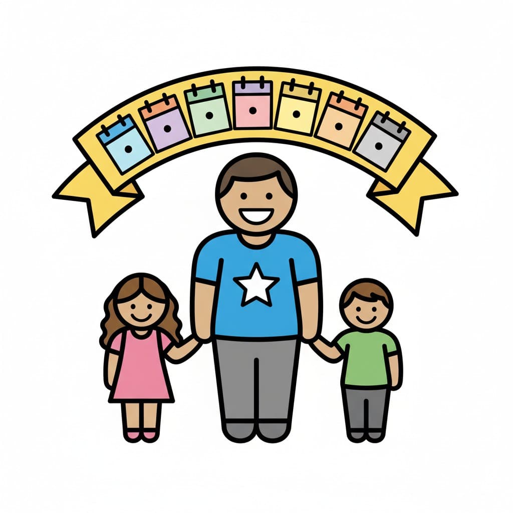 A dad with a girl and a boy holding hands under a banner with calendar days symbolizing a week.