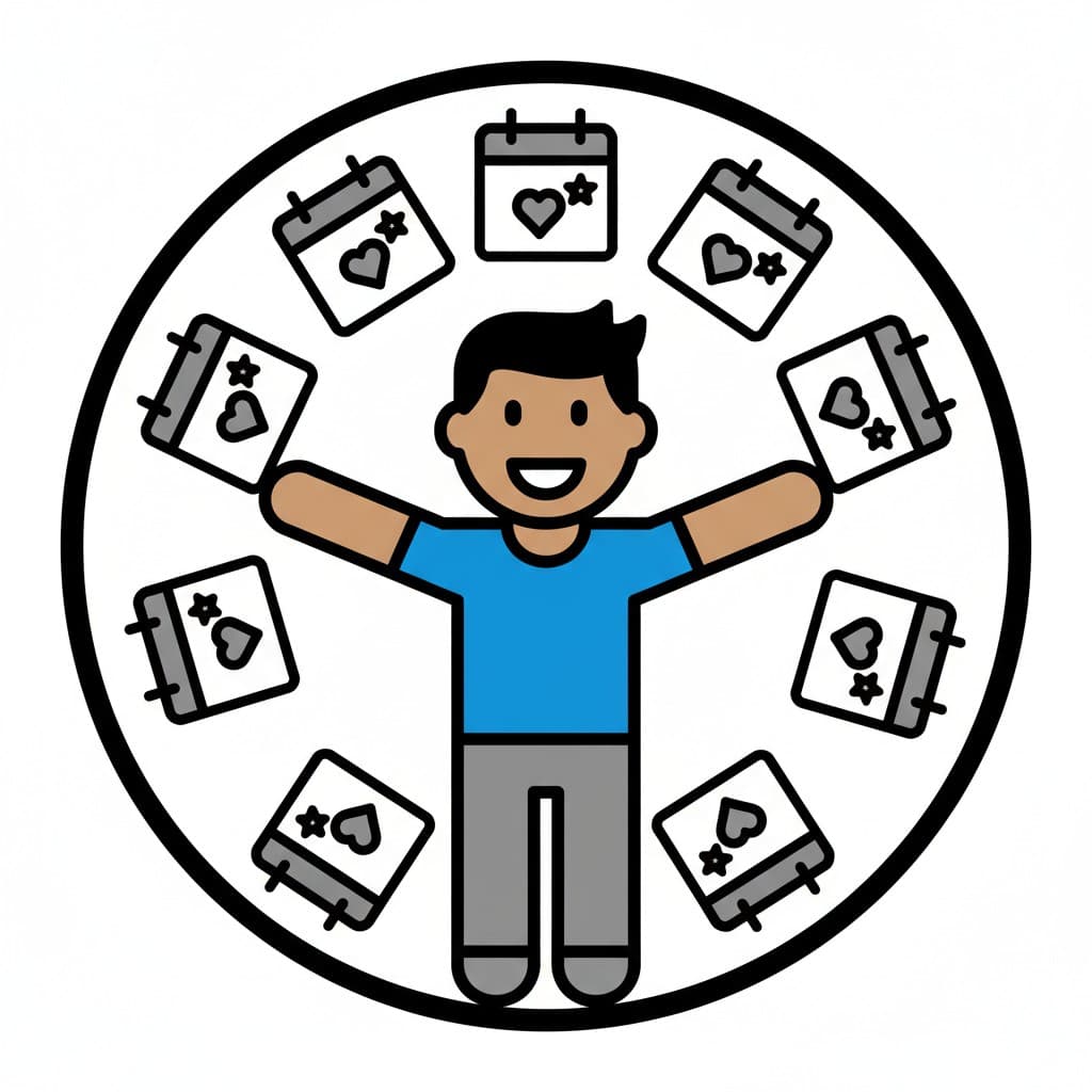 En stilisert person står med utstrakte armer, omgitt av åtte kalenderikoner. Hver kalender viser et hjerte og en stjerne, som symboliserer dager med pappa.