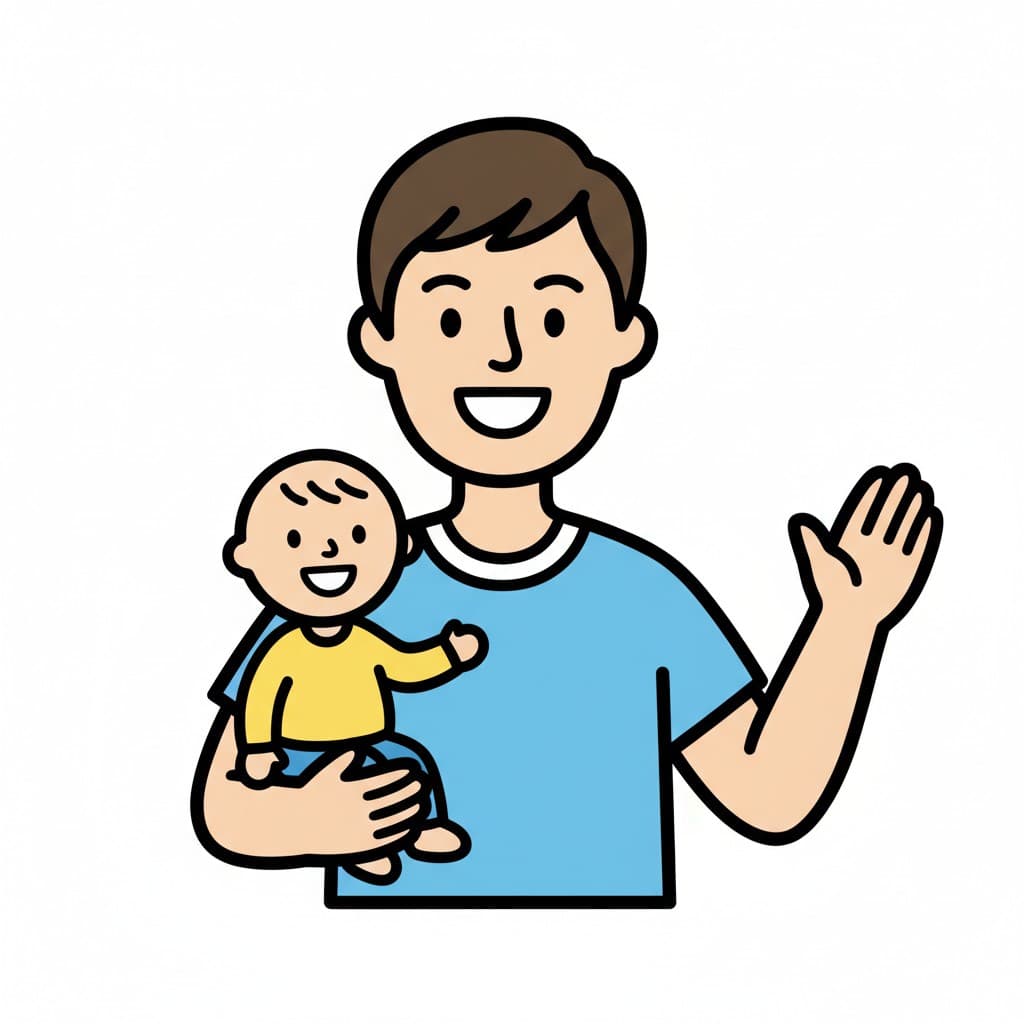En pappa smiler og vinker mens han holder en baby.
