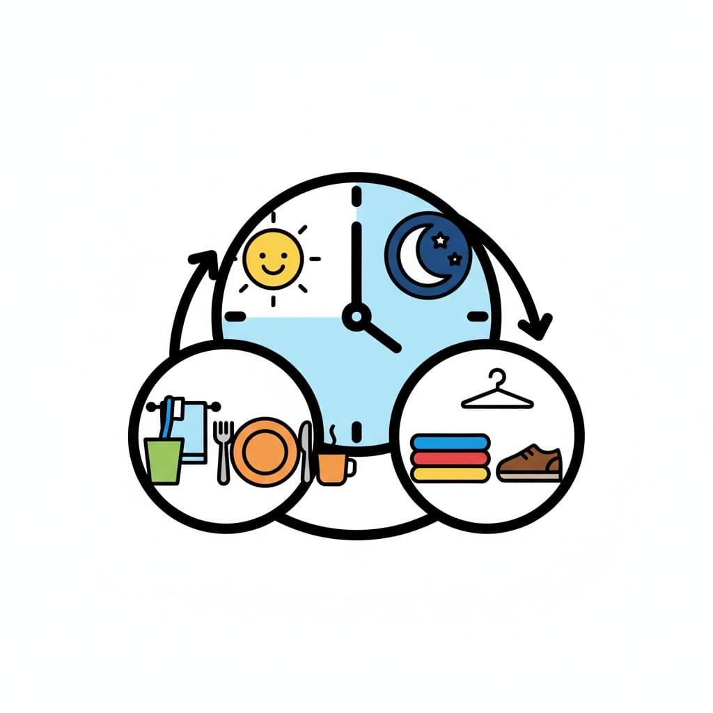 Illustration of a daily routine showing a clock with sun and moon, and symbols for morning hygiene, meals, and getting dressed.
