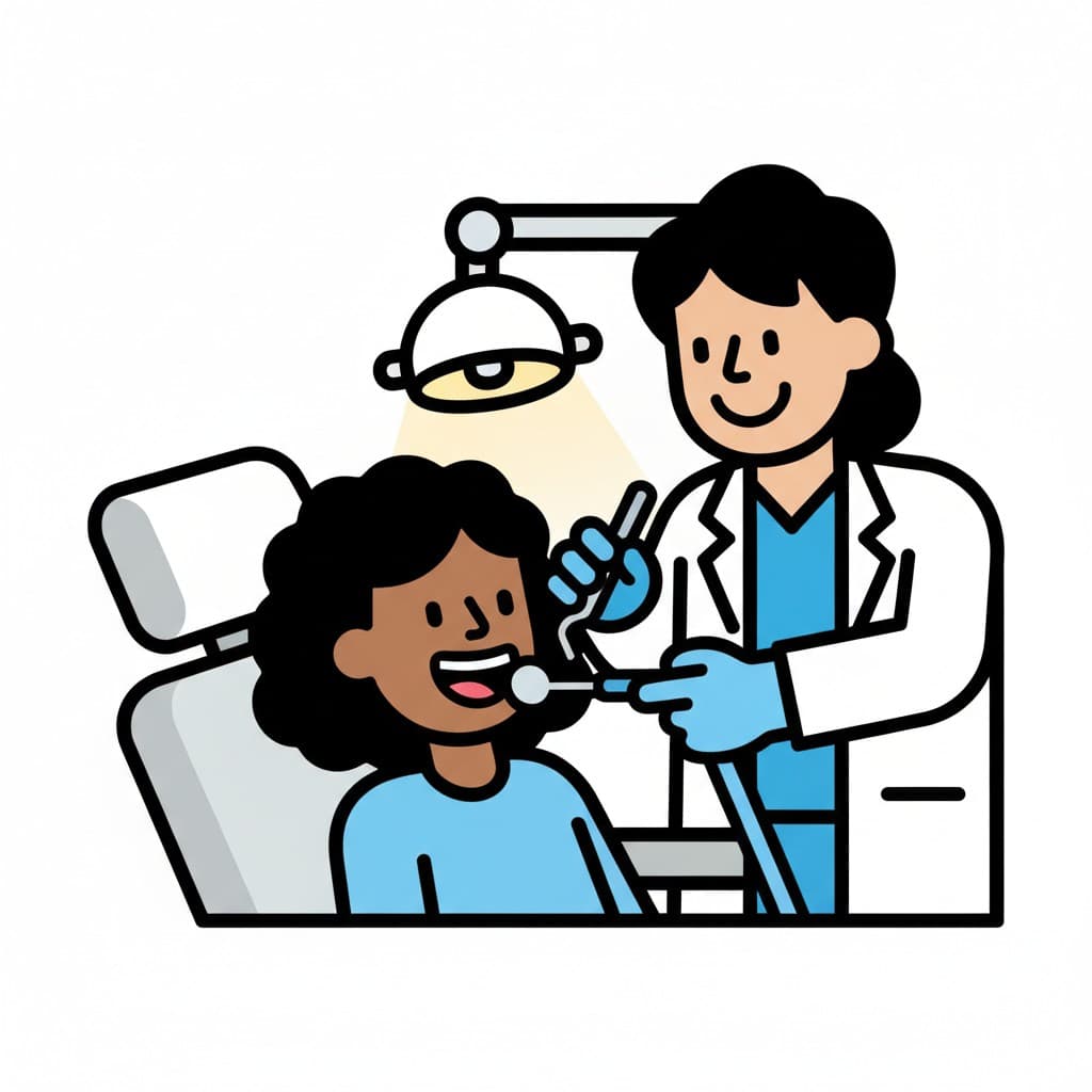 A dentist wearing gloves examines a patient's teeth with a mirror and an instrument. The patient is seated in the dental chair under a light.
