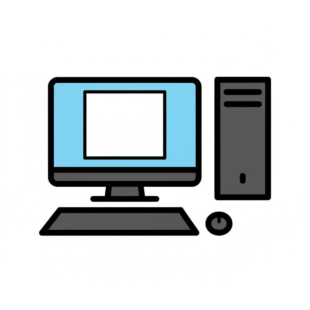 En illustration af en stationær computer med skærm, tastatur, computerenhed og mus.