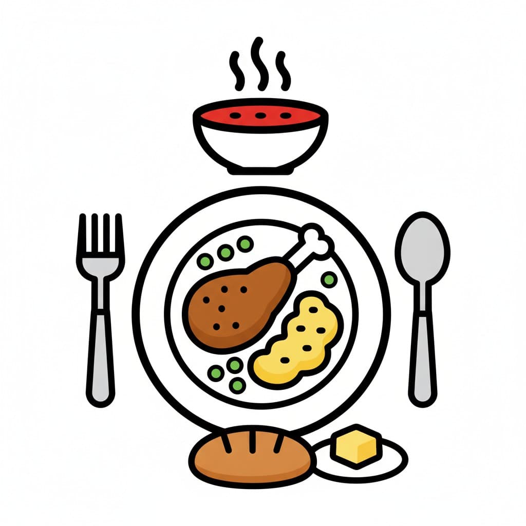 Ein Teller mit Abendessen, eine Schüssel heißer Suppe, Brot, Butter und Besteck.