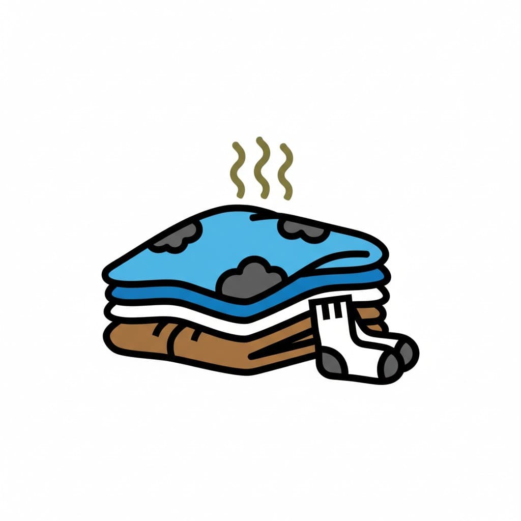 En haug med skitne klær og en sokk, som indikerer vond lukt.