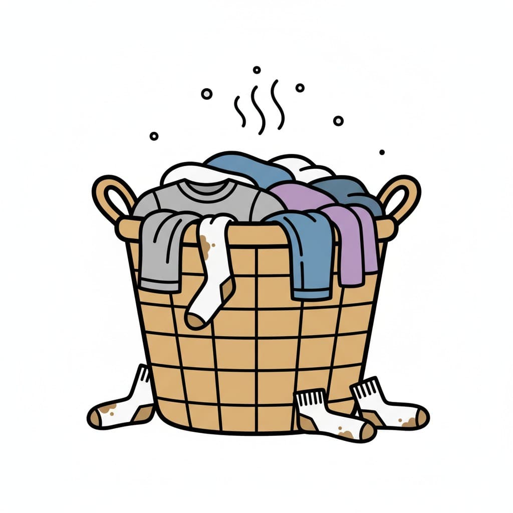 Suuri punottu kori täynnä likaisia vaatteita, mukaan lukien likaisia sukkia lattialla korin ympärillä, ja höyrysymboleita, jotka viittaavat pahaan hajuun.