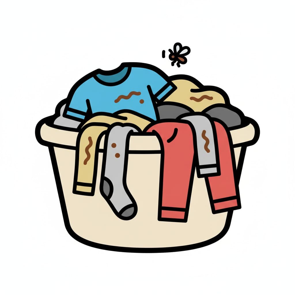 Pyykkipalju täynnä likaisia vaatteita, mukaan lukien sininen paita, jossa on aaltoilevia ruskeita viivoja (tahroja), ja kärpänen lentää yläpuolella.