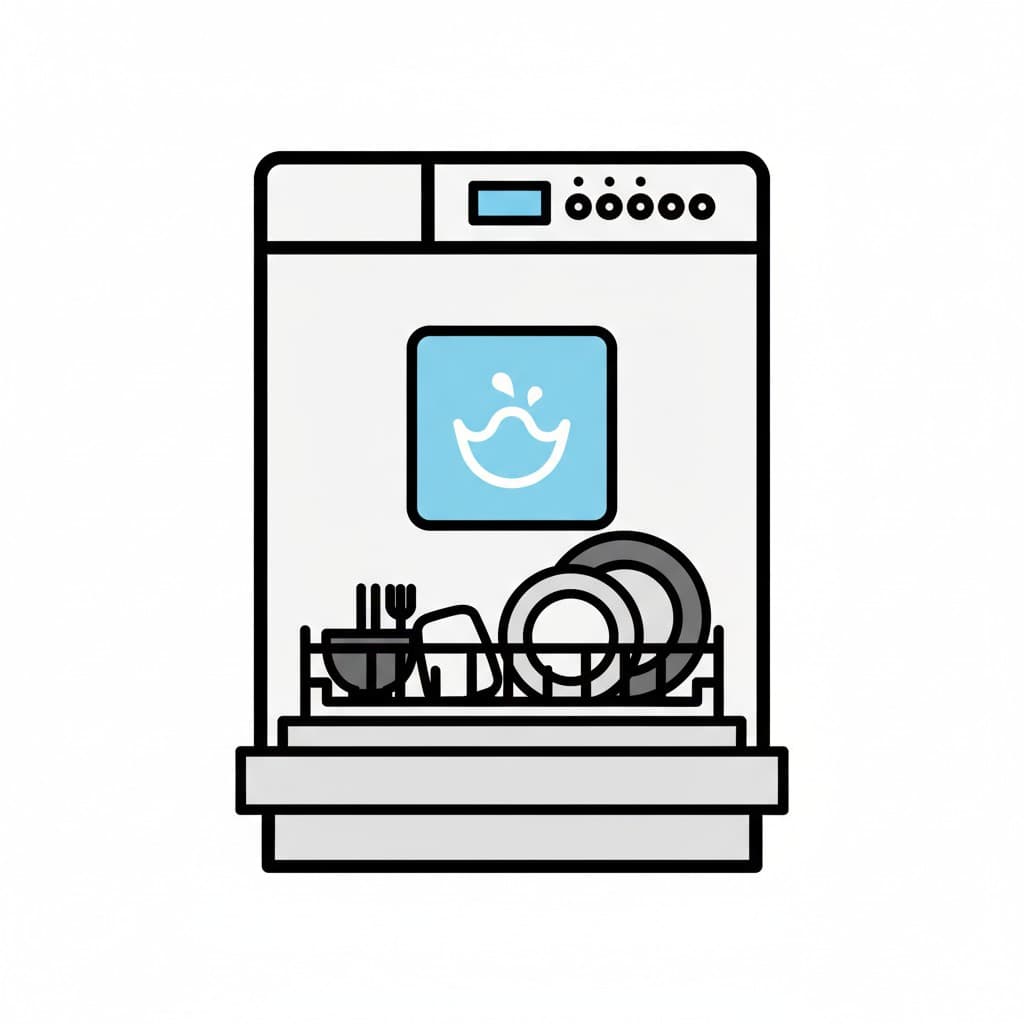 En vit diskmaskin är öppen och visar en fylld korg med tallrikar, bestick och skålar. En blå kvadrat med en vit vattensymbol syns i mitten av maskinen.