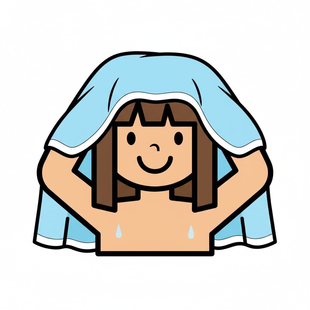 A child dries off with a blue towel after a bath or shower.