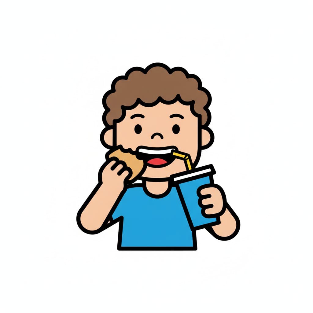 A child takes a bite of a bun and drinks from a cup with a straw.