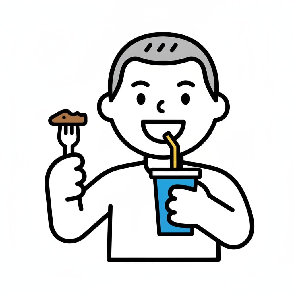 A child eats a piece of food from a fork and drinks from a cup with a straw.
