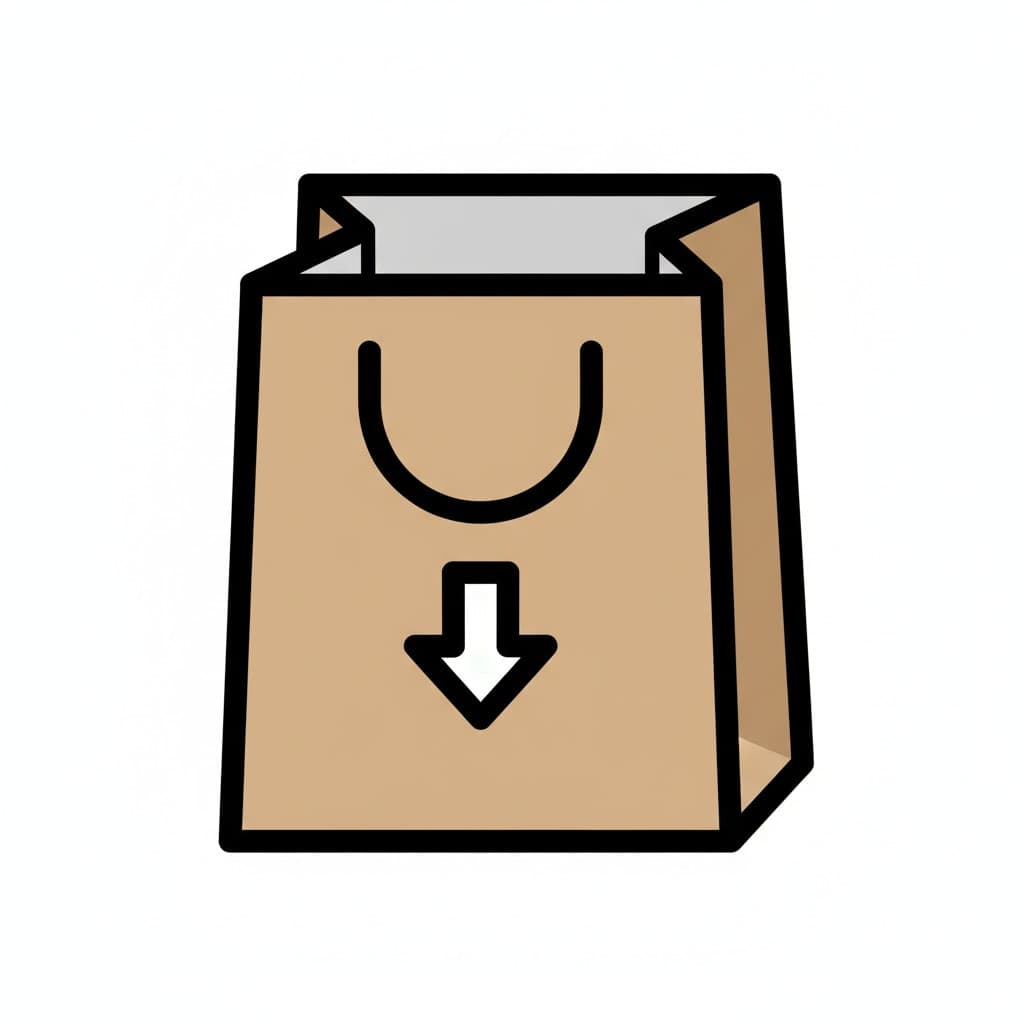 A brown paper bag with a downward arrow, symbolizing emptying.