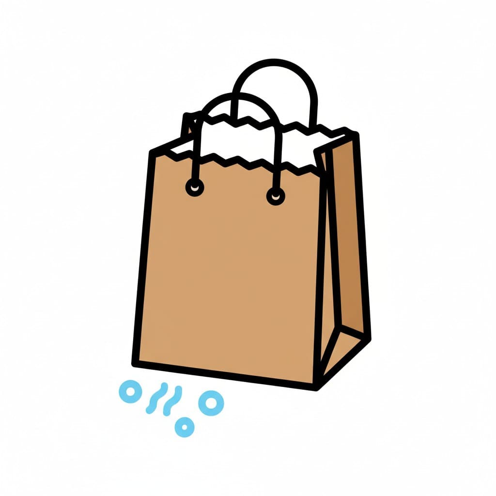 A brown paper bag with small blue abstract shapes, representing items, spilled out below it.