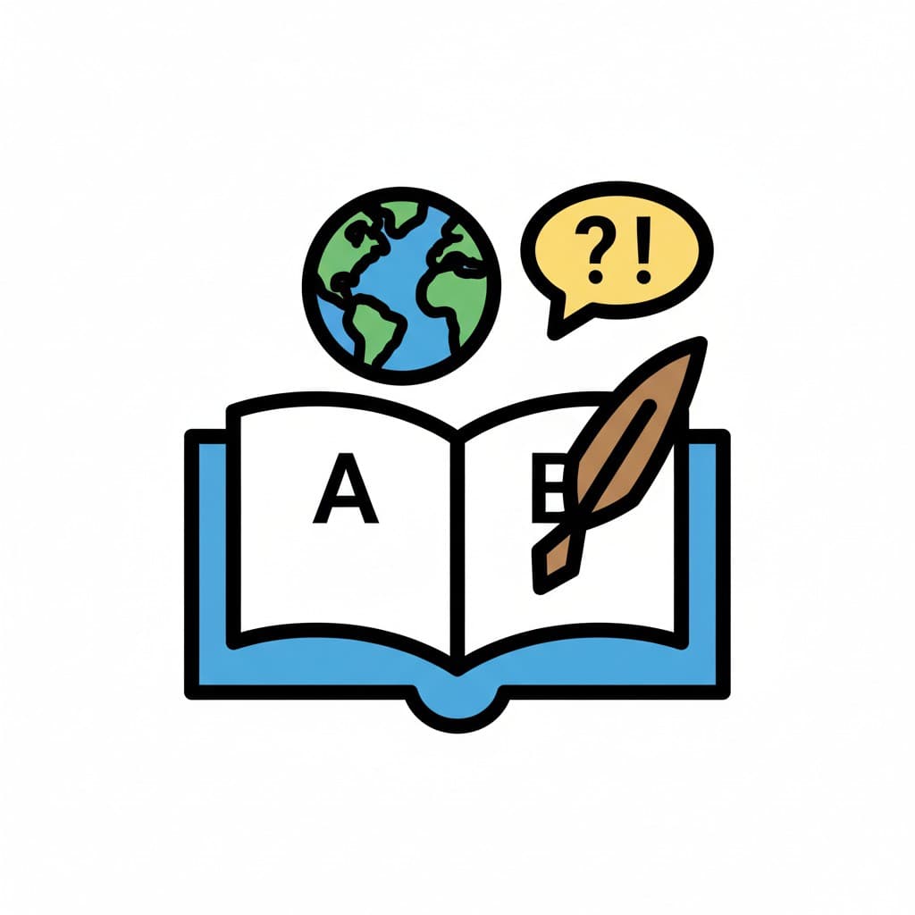 An illustration symbolizing an English class with an open book displaying letters A and B, a quill, a globe, and a speech bubble with a question mark and exclamation mark.