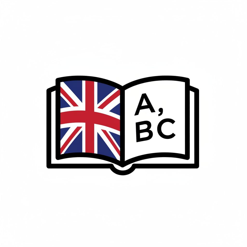 En öppen bok. På vänster sida syns Storbritanniens flagga, och på höger sida står bokstäverna 'A, BC'.