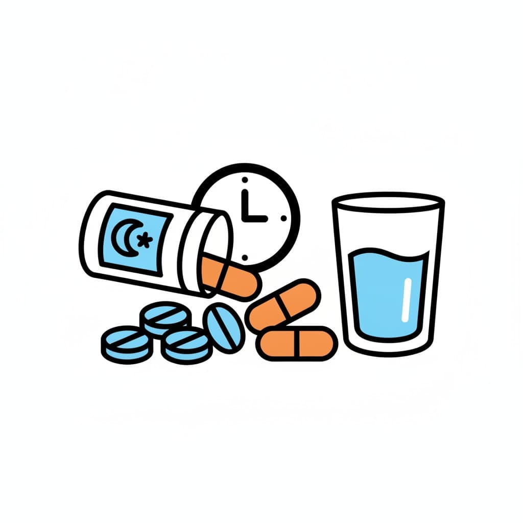 Eine Medikamentendose mit Mondsymbol, Tabletten und Kapseln sowie ein Glas Wasser und eine Uhr.