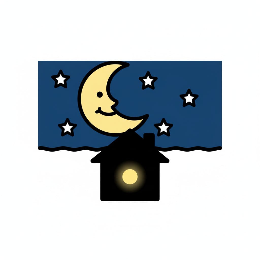 A house at night with a crescent moon and stars in the sky.